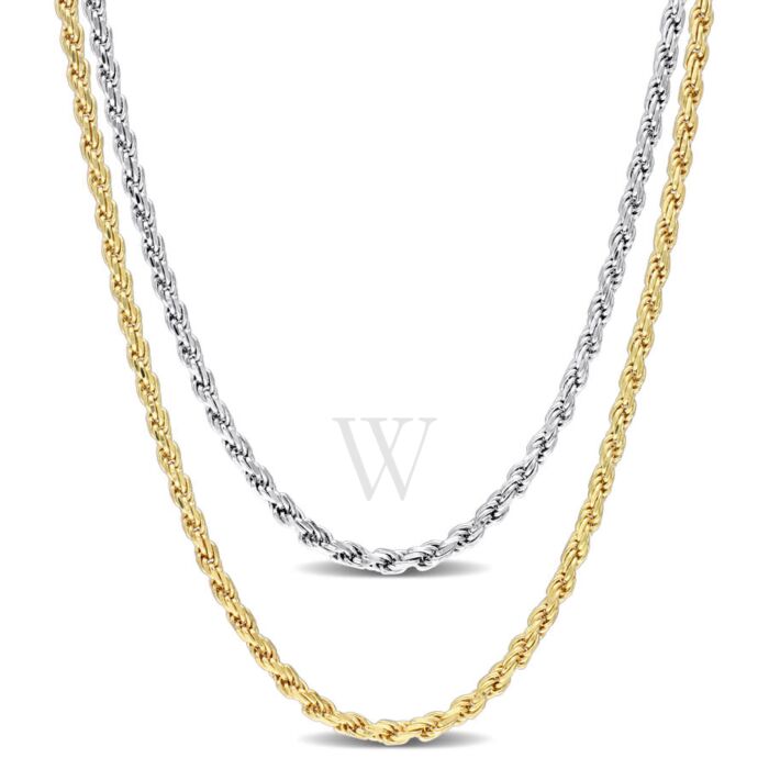 AMOUR 2.2mm Rope Chain Necklace Set 18 Inch 18k Yellow Gold Plated and 16  Inch White Sterling Silver