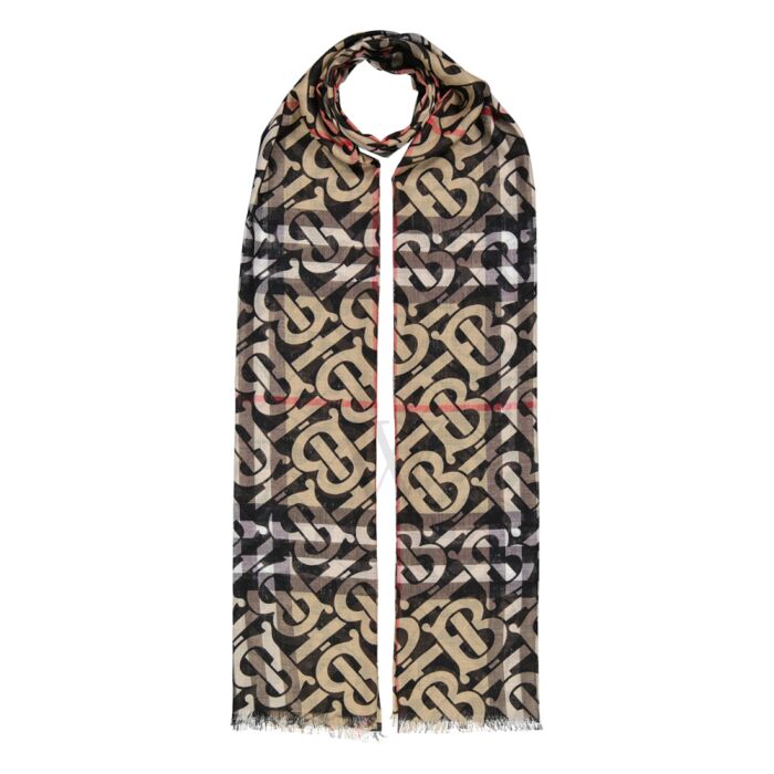 Leopard and TB monogram printed scarf