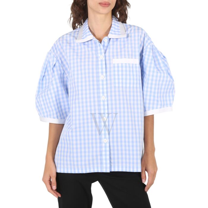 Burberry Pale Blue Gingham Cotton Puff-sleeve Oversized Shirt | World ...
