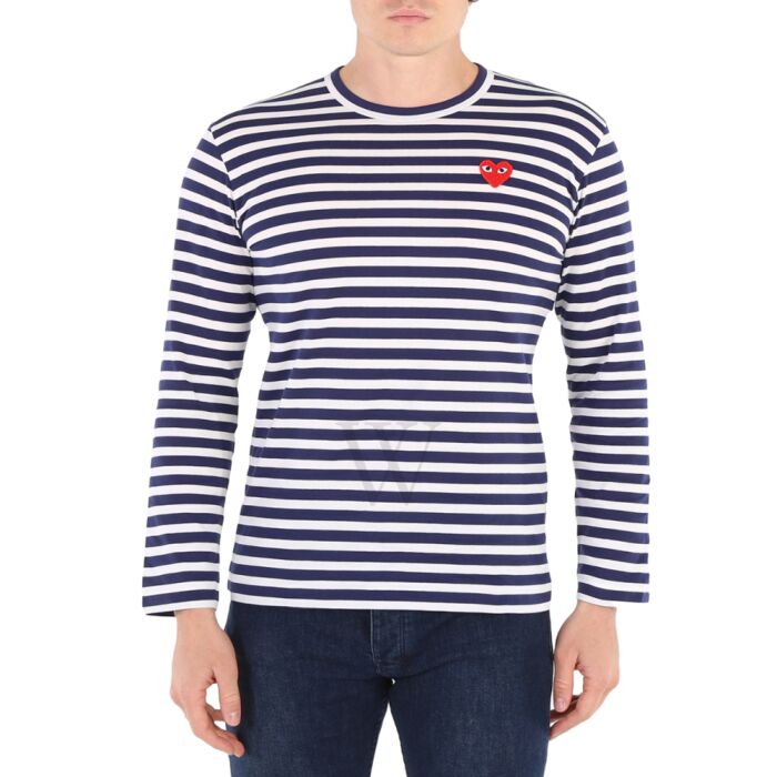 Comme Des Garcons Play Navy / White Long Sleeve Heart Logo Stripe Tee