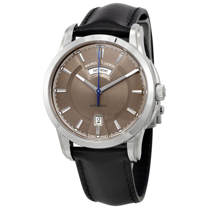 Men\'s Pontos Day Date Leather Dark Silver Dial | World of Watches
