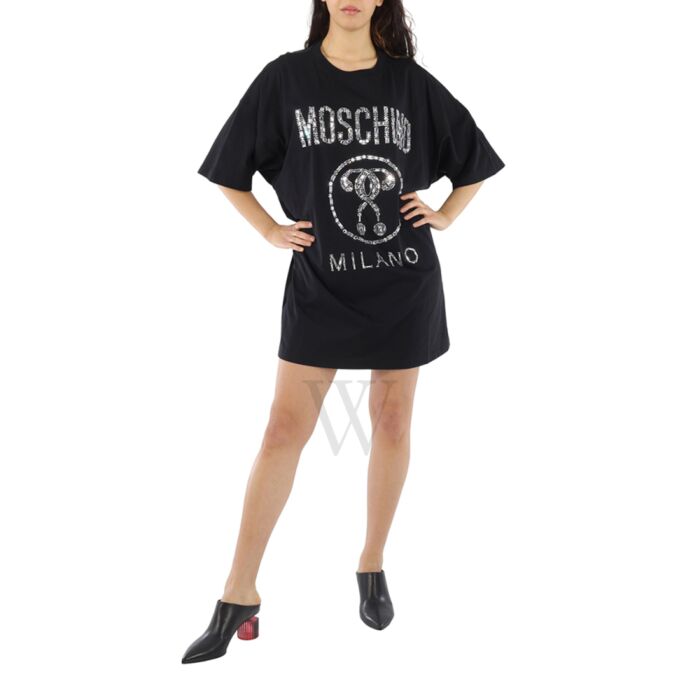 Moschino Ladies Black / Multi Double Question Mark Embellsihed T-shirt Dress