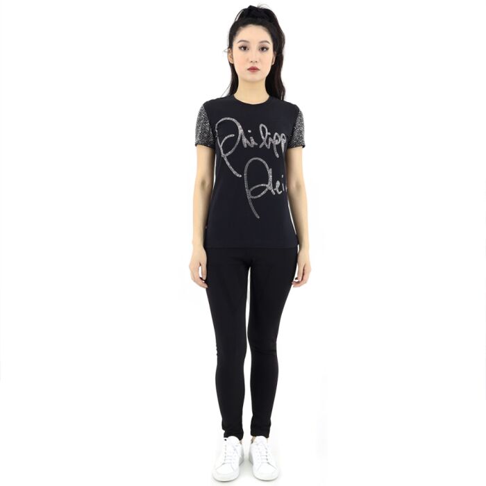 Philipp Plein Ladies Black/Multi Embellished Logo T-shirt