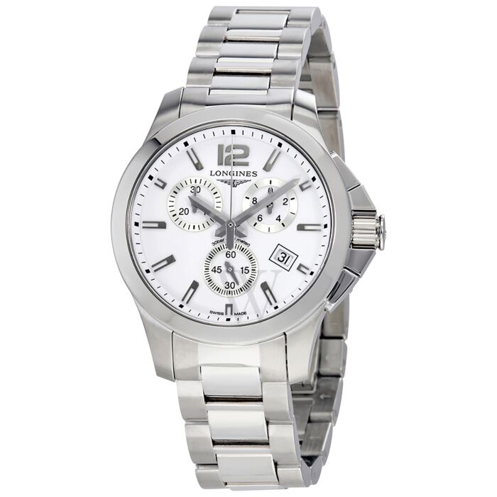 Unisex Conquest Chronograph Stainless Steel White Dial Watch | World of ...