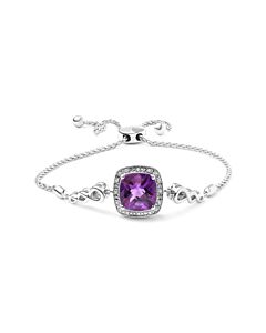 .925 Sterling Silver 10mm Cushion Cut Amethyst Gemstone and Diamond Accent Lariat 4”-10” Adjustable Bolo Bracelet (H-I Color, SI1-SI2 Clarity)