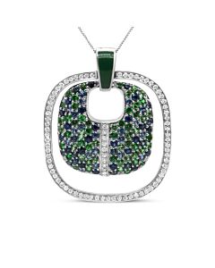 .925 Sterling Silver Green Enamel Pendant with 1/2 Cttw Diamond, Sapphire, and Tsavorite Openwork Statement 18" Pendant Necklace