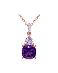 AMOUR Amethyst-Africa, Rose De France and Diamond Heart Accent Solitaire Pendant with Chain In 2-Tone Rose and White Sterling Silver