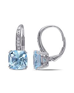AMOUR 5 CT TGW Cushion Cut Sky-blue Topaz Leverback Earrings with Diamonds In 10K White Gold