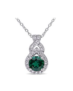 AMOUR Created White Sapphire and Created Emerald Teardrop Halo Pendant with Chain In Sterling Silver