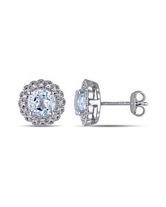 AMOUR 1/10 CT TW Diamond and Blue Topaz Halo Stud Earrings In Sterling Silver