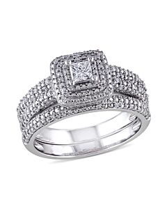 1/2 CT Princess and Round Diamonds TW Bridal Set Ring  14k White Gold GH I1;I2