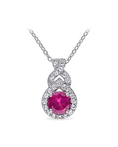 AMOUR Created White Sapphire and Created Ruby Teardrop Halo Pendant with Chain In Sterling Silver
