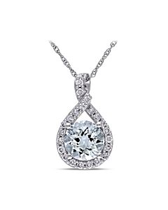 AMOUR Aquamarine and 1/5 CT TW Diamond Teardrop Pendant with Chain In 10K White Gold