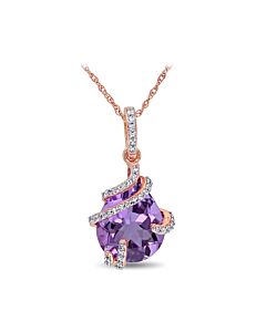 AMOUR 1/8 CT TW Diamond and 4 CT TGW Amethyst Solitaire Swirl Pendant with Chain In 10K Rose Gold