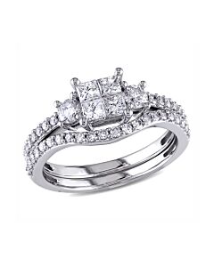 1 CT Princess and Round Diamonds TW Bridal Set Ring  14k White Gold GH I2;I3