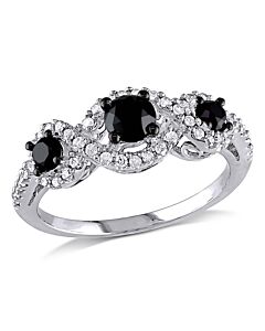 1 CT TW Black & White Halo 3 Stone Diamond Engagement Ring in 10k White Gold