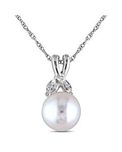 AMOUR 7.5 - 8 Mm White Cultured Freshwater Pearl and Diamond Pendant with Chain In 10K White Gold