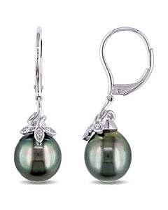 AMOUR 9 - 10 Mm Black Tahitian Cultured Pearl and Diamond Cluster Leaf Leverback Earrings In 10K White Gold