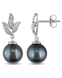 AMOUR 9 - 9.5 Mm Black Tahitian Cultured Pearl and 1/10 CT TW Diamond Earrings In 10K White Gold