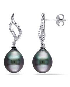 AMOUR 9 - 9.5 Mm Black Tahitian Cultured Pearl and 1/10 CT TW Diamond Flame Drop Earrings In 10K White Gold