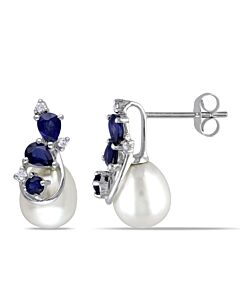 AMOUR 7.5 - 8 Mm White Cultured Freshwater Pearl Earrings with Diamonds and Sapphire In 10K White Gold