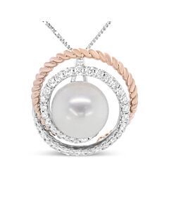 14K Rose and White Gold 3/8 Cttw Pave Diamond and 9mm Round Pearl Spiral Openwork 18" Pendant Necklace- (H-I Color, VS1-VS2 Clarity)