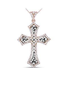 14K Rose Gold and Black Rhodium 1.0 Cttw Diamond Ornate Vintage St. James Budded Cross Pendant 18" Necklace