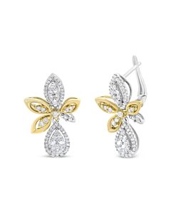 14K White and Yellow Gold 1.00 Cttw Round Pave-Set Diamond Teardrop and Marquise Shape Drop Dangle Earrings (H-I Color, SI1-SI2 Clarity)