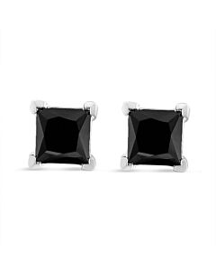 14K White Gold 1.00 Cttw Princess-Cut Treated Black Diamond Classic 4-Prong Stud Earrings with Screw Backs (Fancy Color-Enhanced)