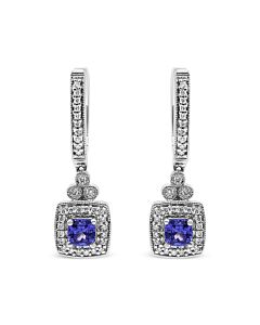 14K White Gold 4x4 mm Cushion Shaped Blue Tanzanite and 1/3 Cttw Diamond Halo 1" Inch Drop and Dangle Earrings (J-K Color, SI2-I1 Clarity)