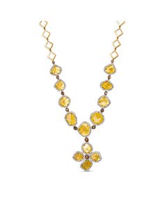 14K Yellow Gold 16 7/8 Cttw Fancy Yellow Rose Cut Diamond 16" Collar Necklace with 4 Leaf Clover Drop (Fancy Yellow/I-J Color, I1-I2 Clarity)