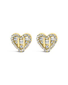 14K Yellow Gold Plated .925 Sterling Silver 1/2 Cttw Round and Baguette Diamond Composite Heart Shaped Stud Earring (I-J Color, SI2-I1 Clarity)