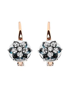 18K Rose and White Gold 1/3 Cttw Round Diamonds and Round London Blue Topaz Gemstone Cluster Floral Drop Hoop Earrings