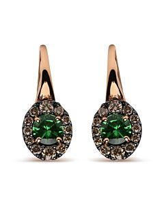 18K Rose and White Gold 3/8 Cttw Round Brown Diamonds and Round Green Tsavorite Gemstone Halo Drop Hoop Earrings