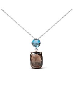 18K Rose and White Gold Diamond Accent and London Blue Topaz and Cushion Cut Smoky Quartz Gemstone Dangle Drop 18" Necklace