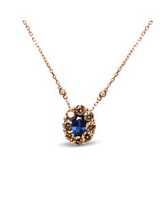 18K Rose Gold 5/8 Cttw White and Brown Diamond Accent & 7x4mm Blue Sapphire Gemstone Statement Halo Cluster Pendant Necklace