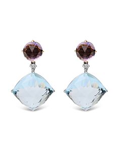 18K White and Rose Gold 1/5 Cttw Diamond with Pink Rose De France Amethyst and 25mm Cushion Cut Sky Blue Topaz Gemstone Dangle Earring
