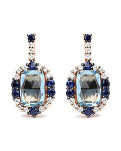 18K White and Rose Gold and 3/4 Cttw Diamond with Blue Sapphire and 13x8mm Cushion Cut Sky Blue Topaz Gemstone Cluster Dangle Earrings