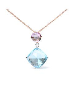 18K White and Rose Gold Round Diamond Accent & Rose De France Pink Amethyst & Cushion Cut Sky Blue Topaz Dangle Drop 18" Necklace