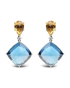 18K White and Yellow Gold 1/6 Cttw Diamond with Pear Cut Yellow Citrine and 20mm Cushion Cut Blue Topaz Gemstone Dangle Earrings