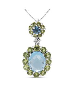 18k White Gold 0.05 Cttw Round Diamond and Blue Topaz and Green Peridot Gemstone Halo Drop 18" Pendant Necklace (F-G Color, VS1-VS2 Clarity)