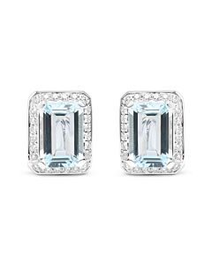 18K White Gold 3/4 Cttw Round Diamond and 13x9mm Emerald Cut Blue Aquamarine Gemstone Halo Omega Stud Earrings (G-H Color, SI1-SI2 Clarity)