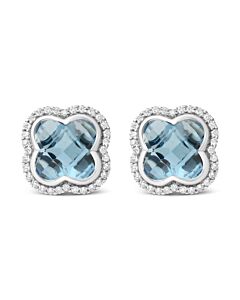 18K White Gold 3/8 Cttw Diamond and 11x11mm Clover-Cut London Blue Topaz Gemstone Halo Clover Stud Earrings (G-H Color, SI1-SI2 Clarity)