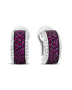18K White Gold and Black Rhodium Plated 3/4 Cttw Round Diamonds and 1mm Round Red Ruby Huggie Hoop Earrings (F-G Color, VS1-VS2 Clarity)