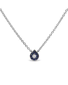 18K White Gold Diamond Accent and 1mm Round Blue Sapphire Gemstone Halo Teardrop Pendant Necklace (G-H, SI1-SI2)