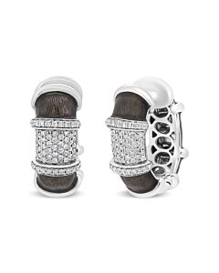 18K White Gold Flash Plated .925 Sterling Silver Clear Graphite Grey Enamel 5/8 Cttw Round Diamonds Huggie Hoop Earrings (F-G Color, VS1-VS2 Clarity)