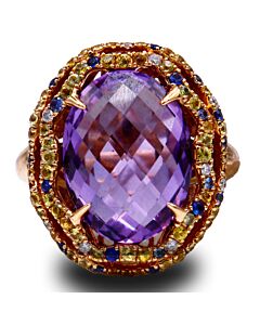 18K Yellow and Rose Gold Claw Prong Set Checkerboard Cut Purple Amethyst Cocktail Ring Band (F-G Color, VS1-VS2 Clarity) - Ring Size 7