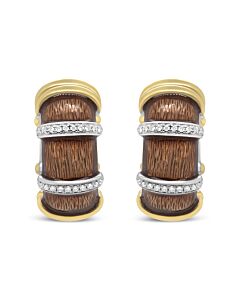 18K Yellow and White Gold Flash Plated .925 Sterling Silver Clear Brown Enamel 9/10 Cttw Diamonds Huggie Hoop Earrings (F-G Color, VS1-VS2 Clarity)