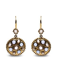 18K Yellow Gold 1 2/3 Cttw Diamond and Blue Sapphire Bezel Set Gemstone Cluster Medallion Dangle Earrings
