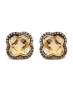 18K Yellow Gold 1/2 Cttw Brown Diamond and 11x11mm Clover-Cut Yellow Citrine Gemstone Clover Halo Stud Earrings